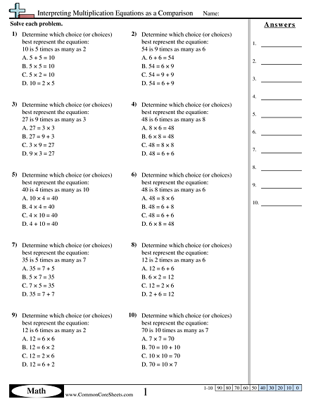 4.oa.1 Worksheets - Interpreting Multiplication Equations as a Comparison worksheet